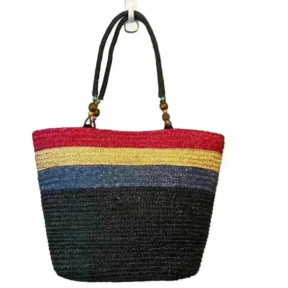 No Brand Handbags - Multicolor Straw Tote Handbag w/ Wooden Beads